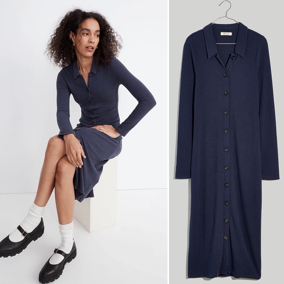 Madewell Dresses & Skirts - BOGO! Madewell Button-Front Midi Knit Shirtdress Duster Cardigan Navy Small